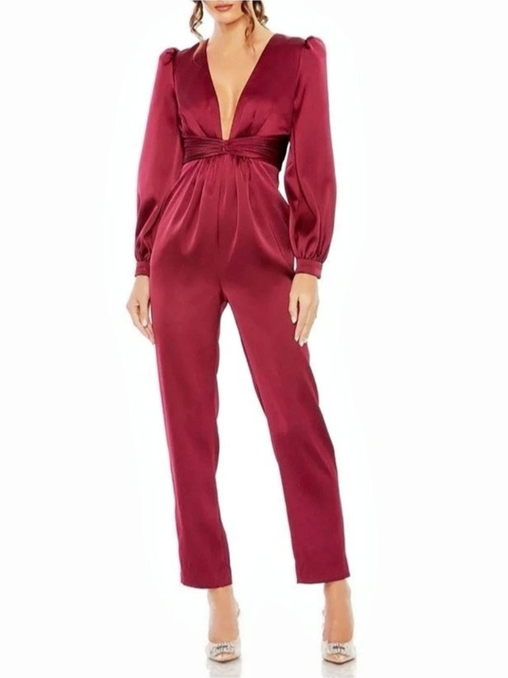 Ieena for Mac Duggal Satin-Look Long Sleeve Jumpsuit in Burgundy Size 6